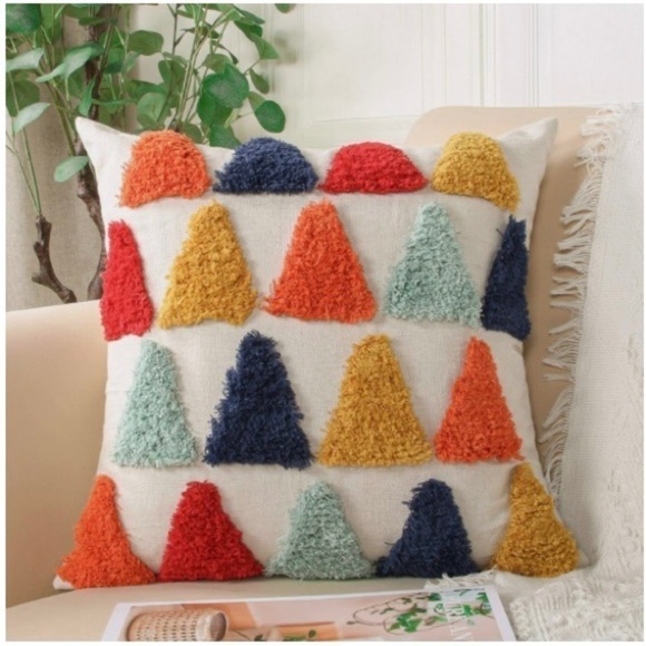 JUXAMI Beige Multicolor Tufted Textured Triangle Boho Pillow Cover 18” X 18” - Picture 1 of 5